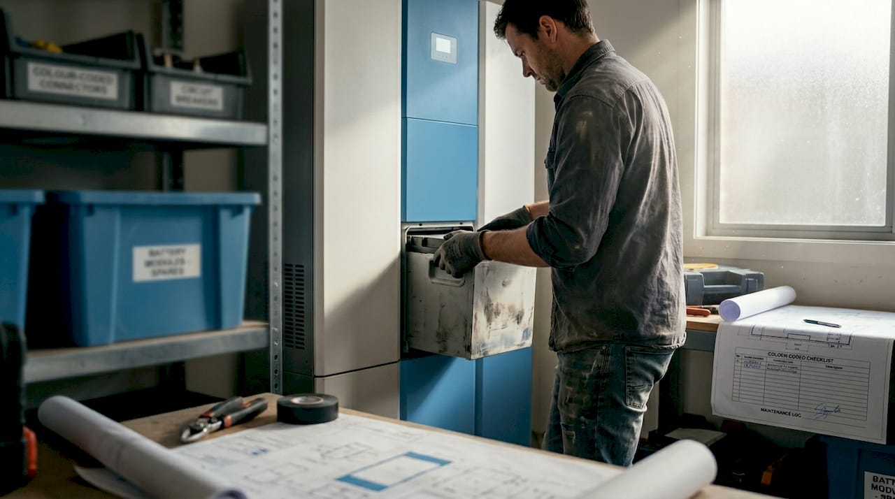 Technician swaps battery module in garage