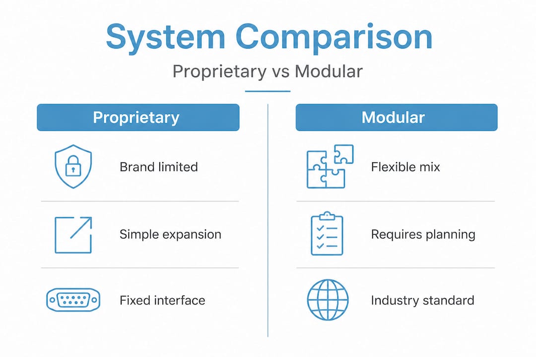 Infographic comparing proprietary and modular systems