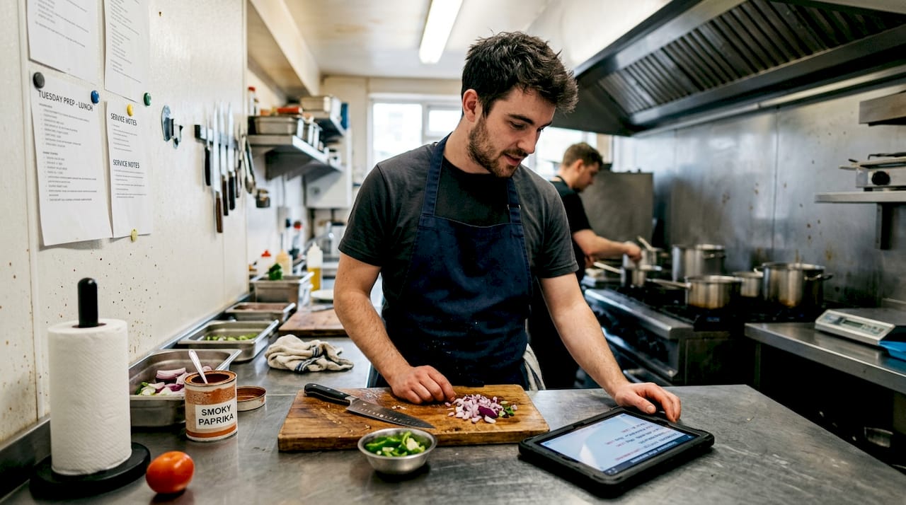 Line cook checks POS inventory alert