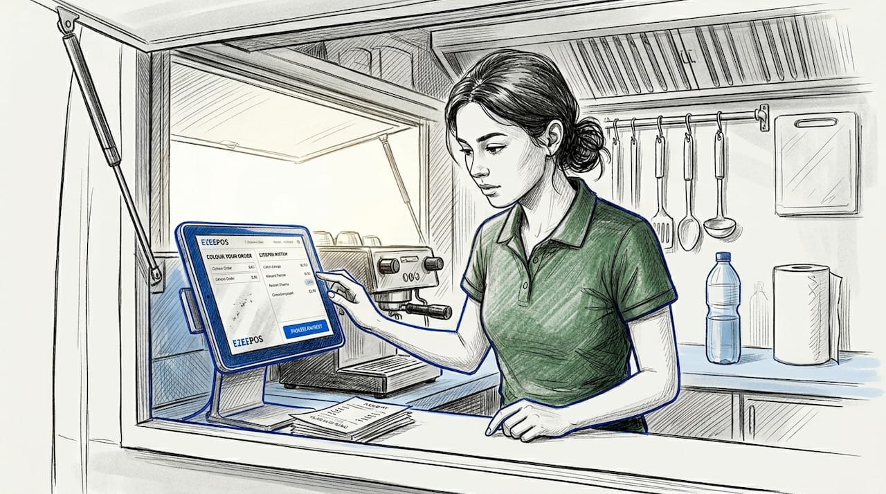 Food truck staff enters order on POS tablet