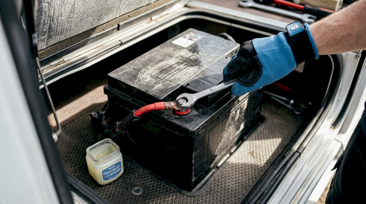 Hands tightening motorhome battery cables