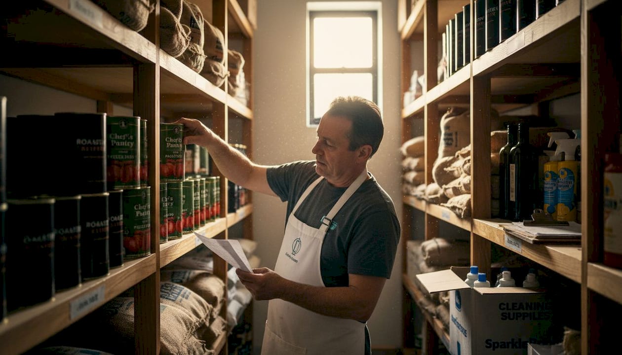Kitchen staff organizing storage shelves