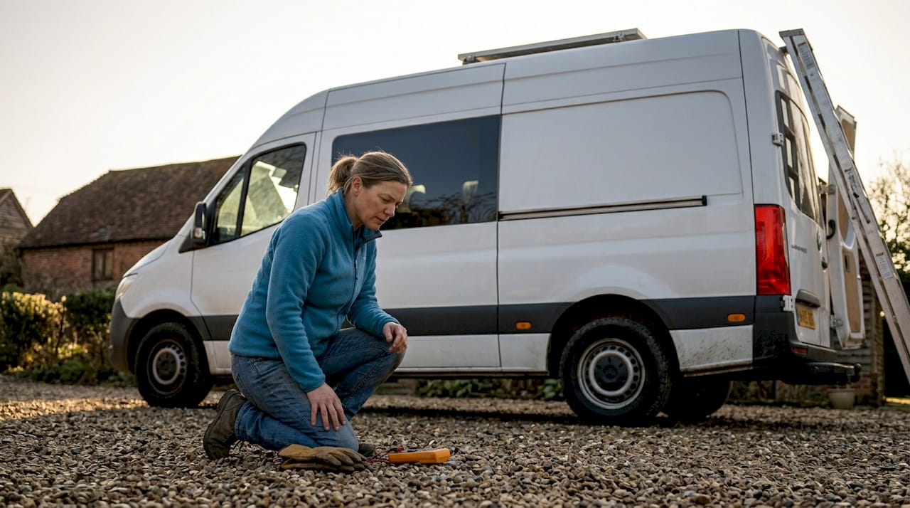 Van owner checks roof solar panels