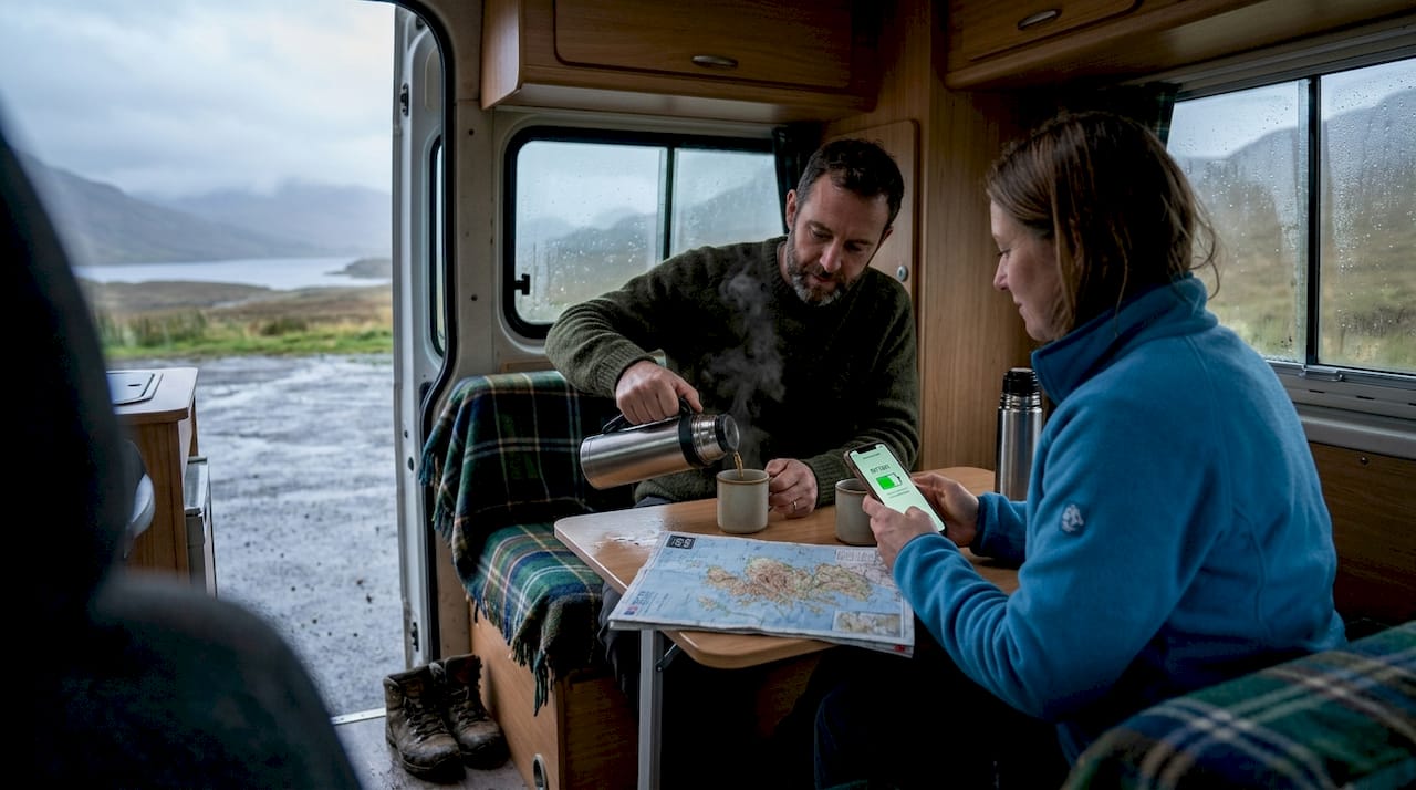 Couple monitor campervan battery in Scotland