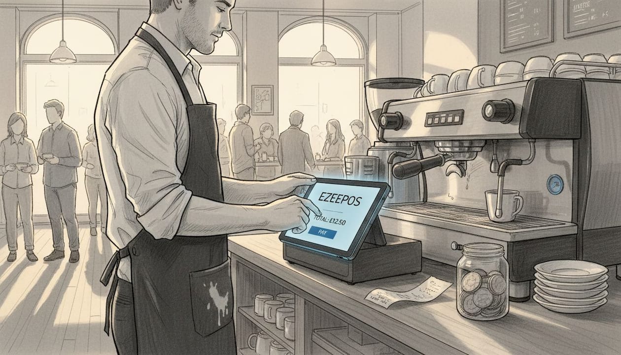 Barista using EPOS at coffee shop counter