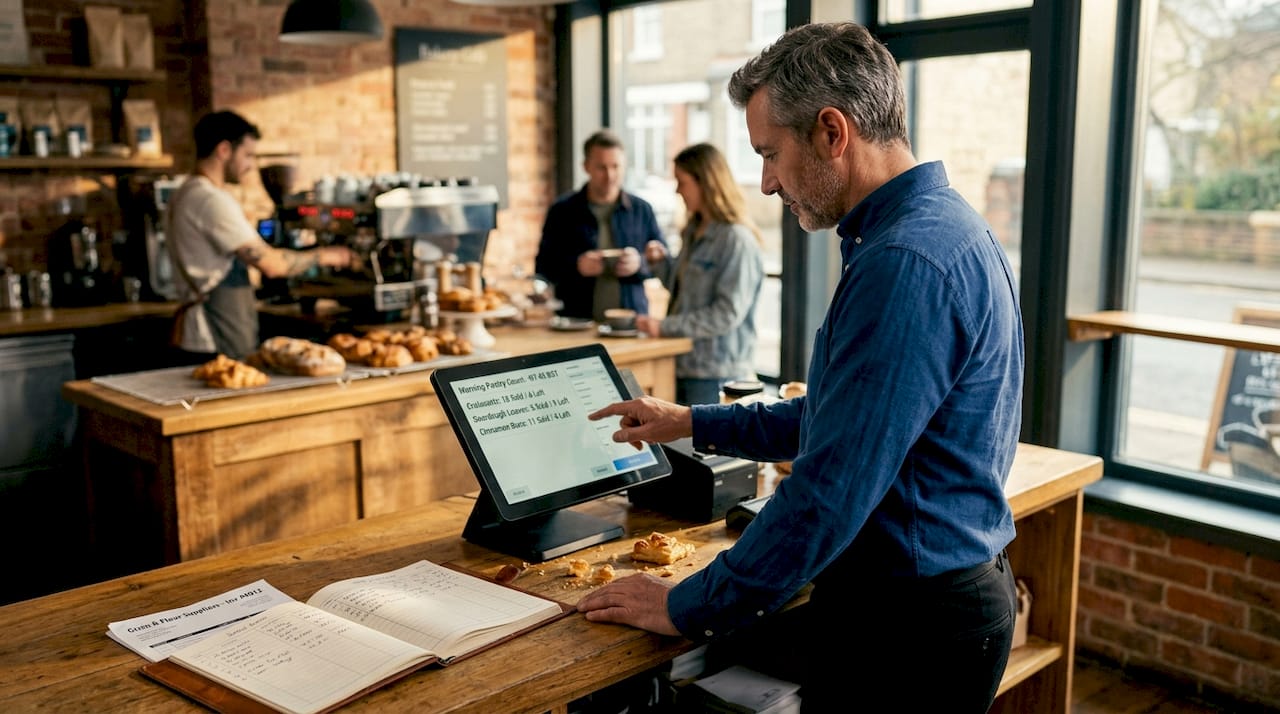 Manager checking stock on pos terminal