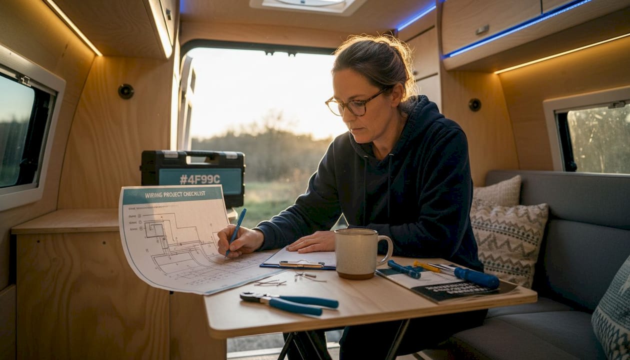 Woman checking campervan electrical checklist