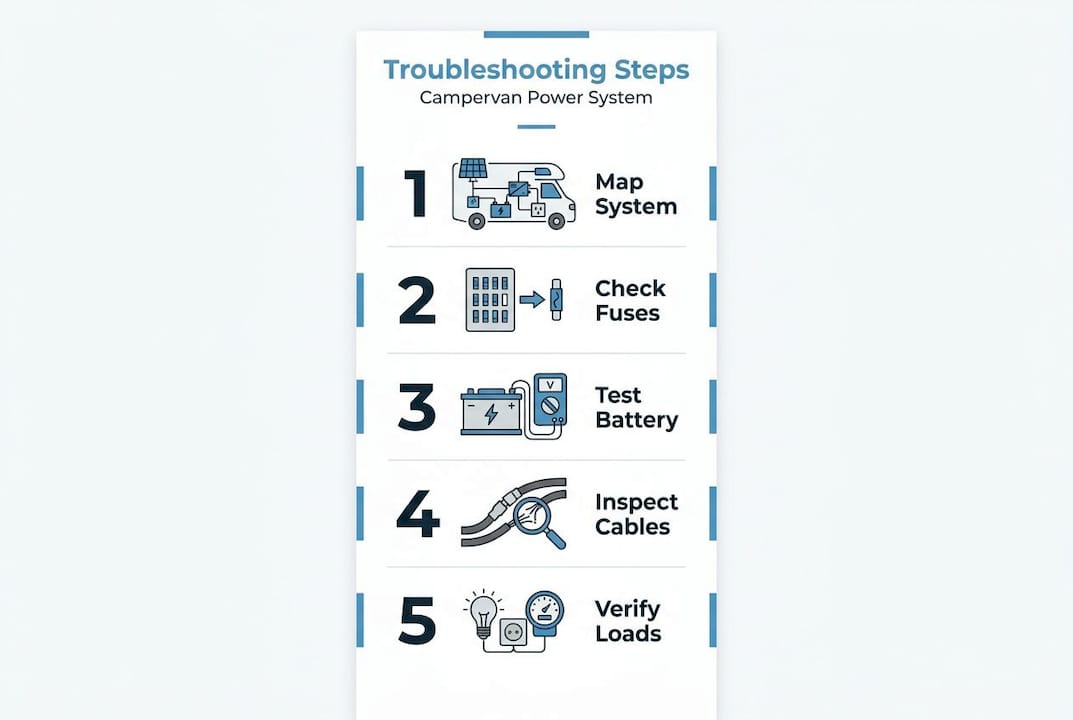 Infographic showing key steps for campervan power system troubleshooting