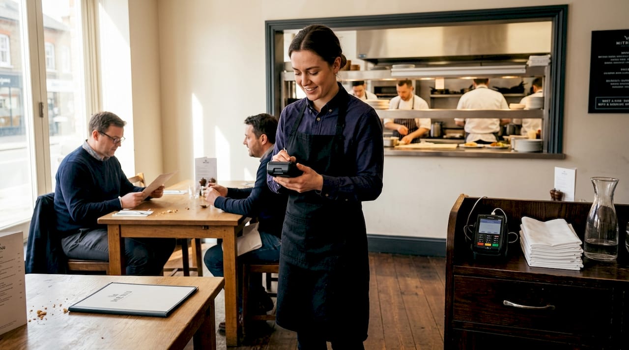 Server using handheld POS device at table