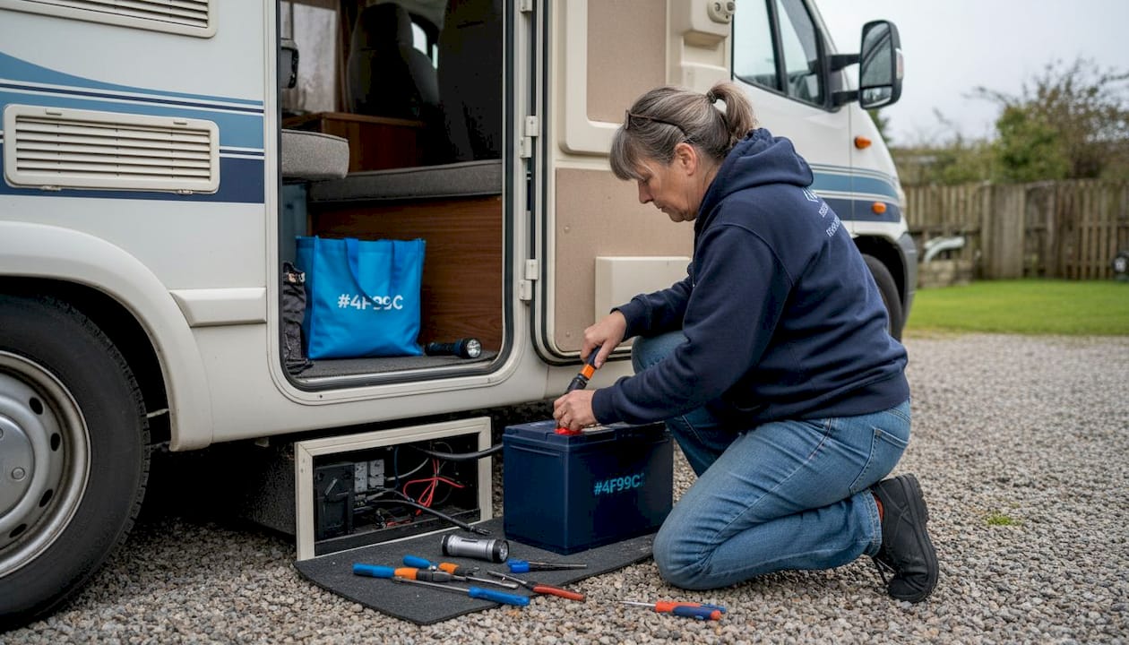 Woman installs lithium battery in motorhome