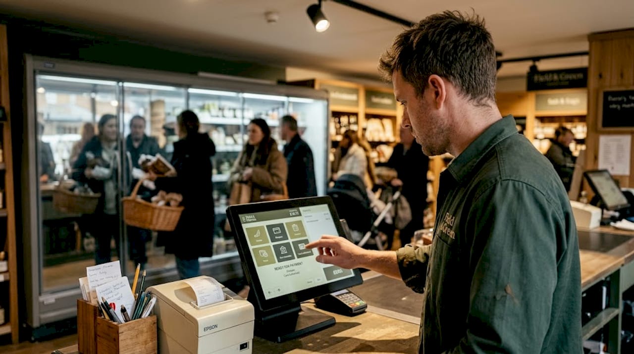 Cashier using touchscreen POS with queue in background