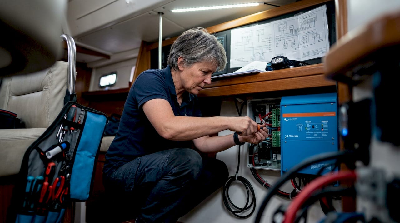 Woman installing marine inverter charger