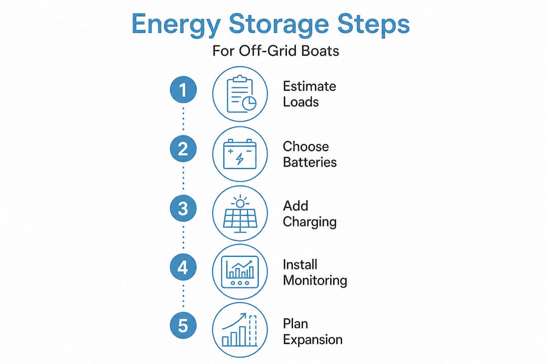 Infographic with steps for marine energy storage system