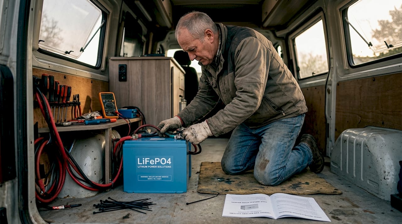 Man inspects lithium battery install in van