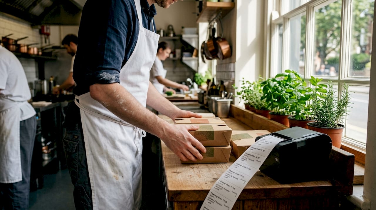 Chef using kitchen printer for order tickets