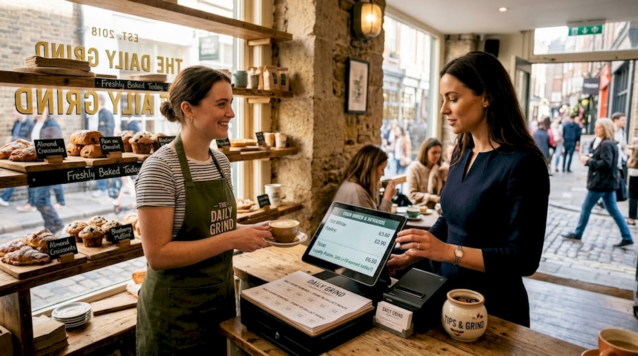 Cafe barista serving with customer display screen