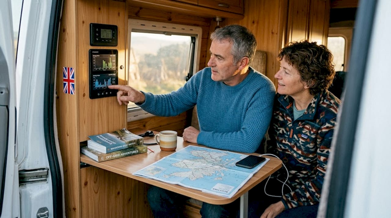 Couple monitoring power in parked motorhome