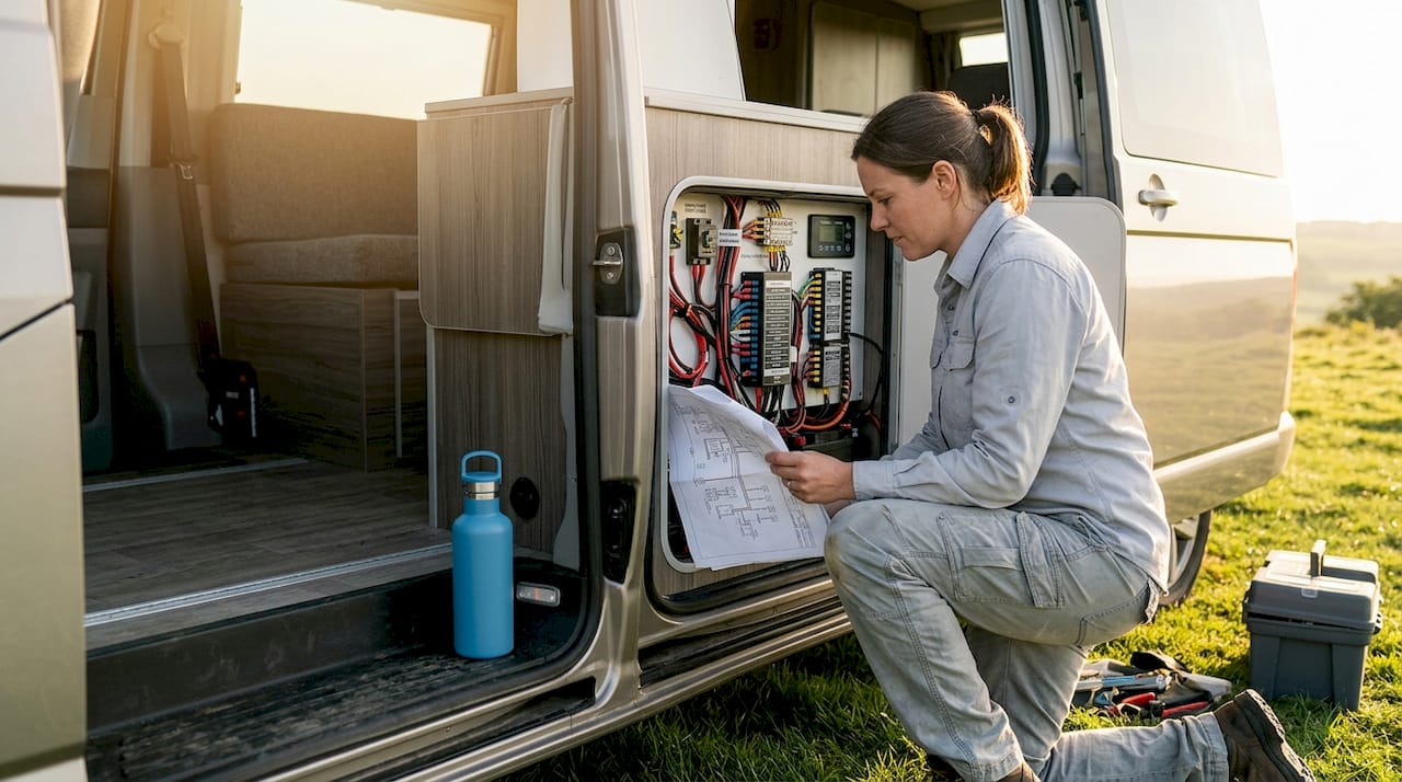 Technician wiring lithium system in campervan