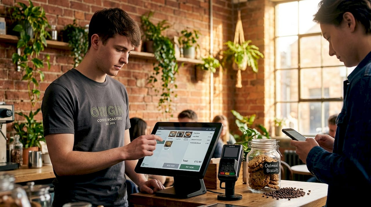Cafe worker entering order on touchscreen POS