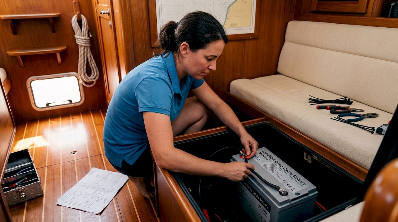 Woman installing lithium battery on boat