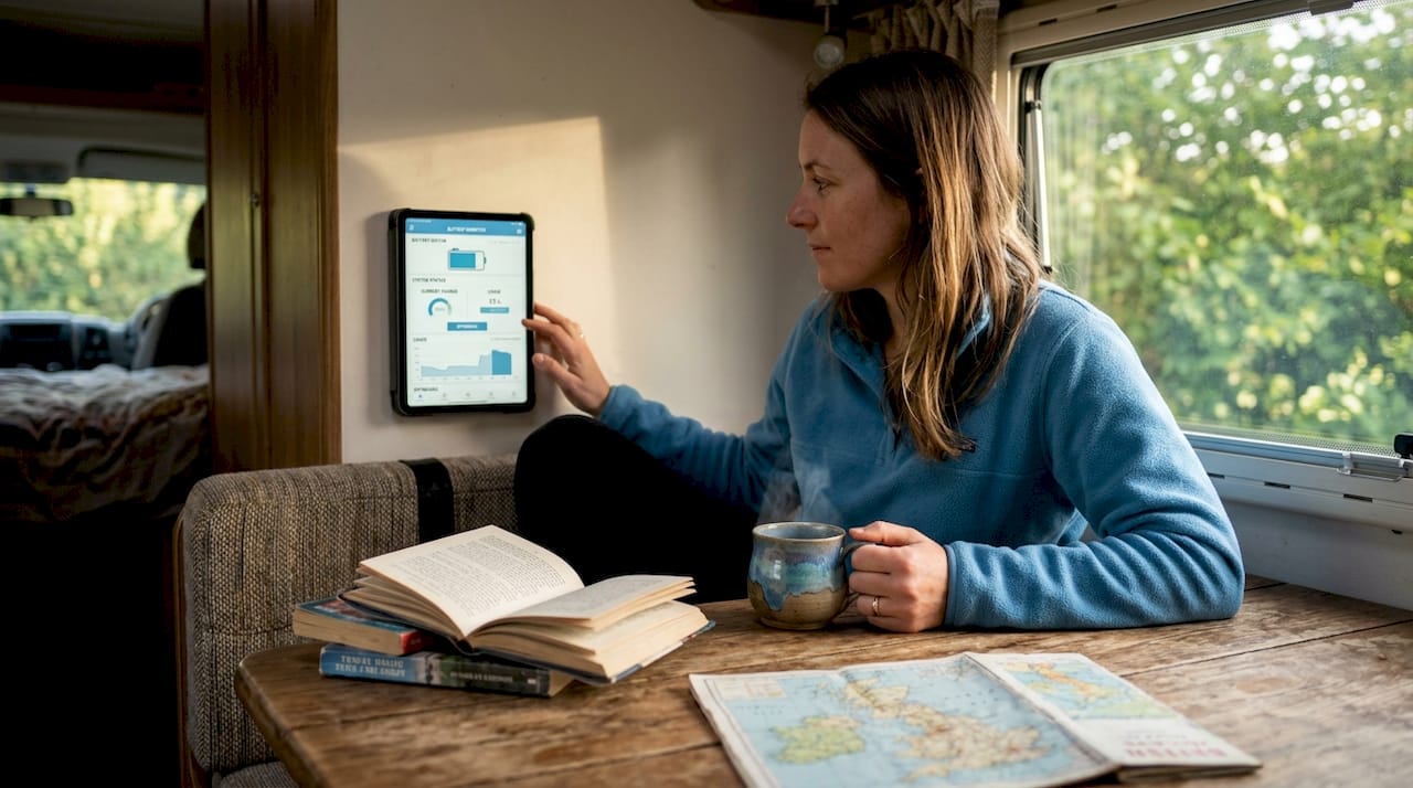 Reviewing battery stats on tablet in campervan