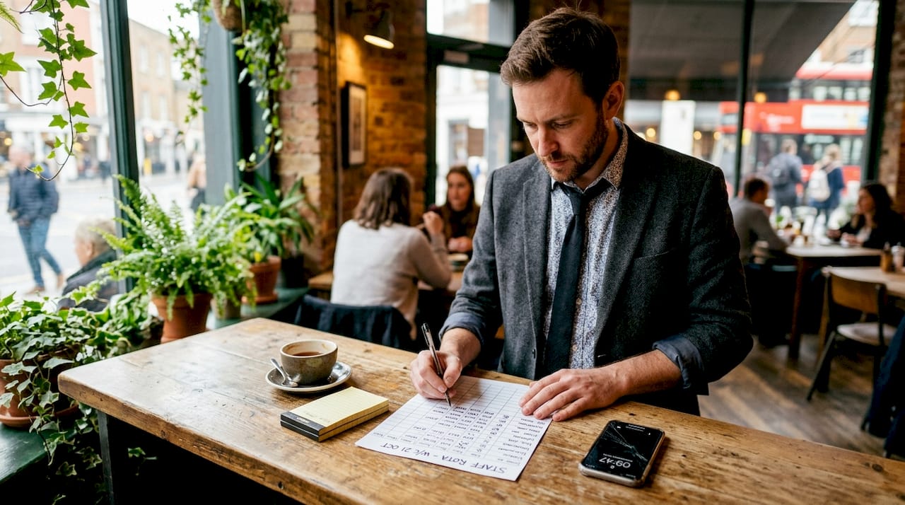 Restaurant manager reviewing shift schedule in UK bistro