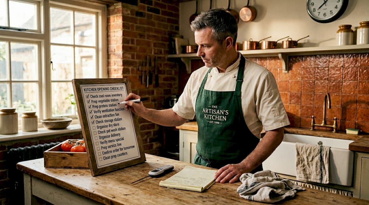 Chef completing opening kitchen checklist in morning