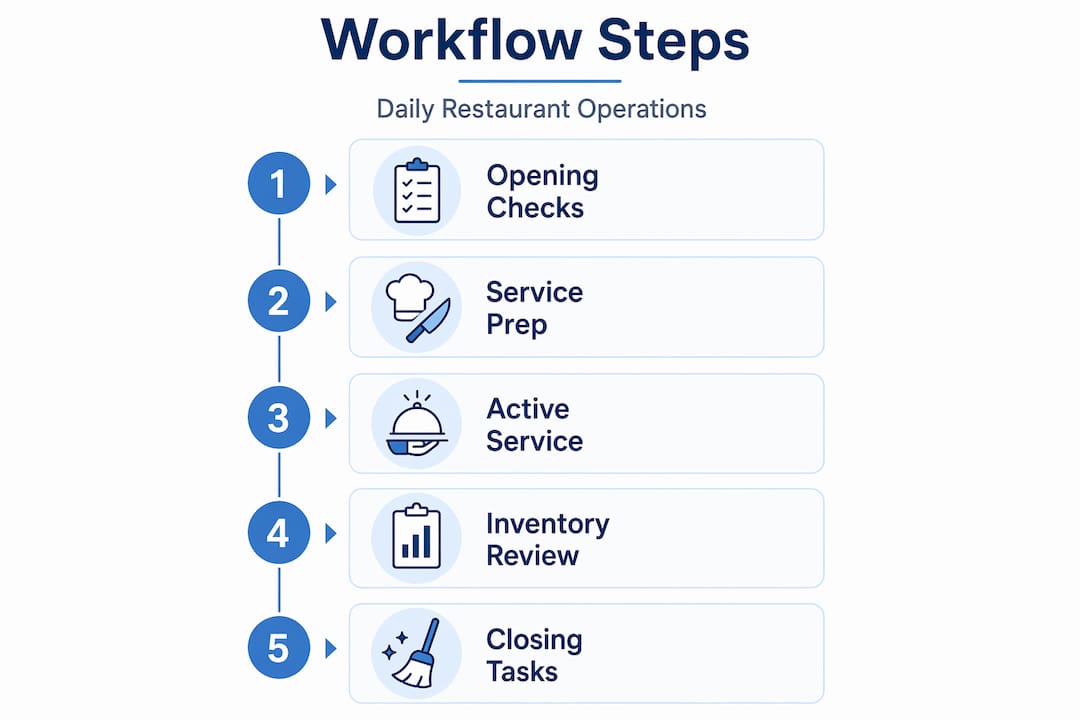 Infographic showing daily restaurant workflow steps
