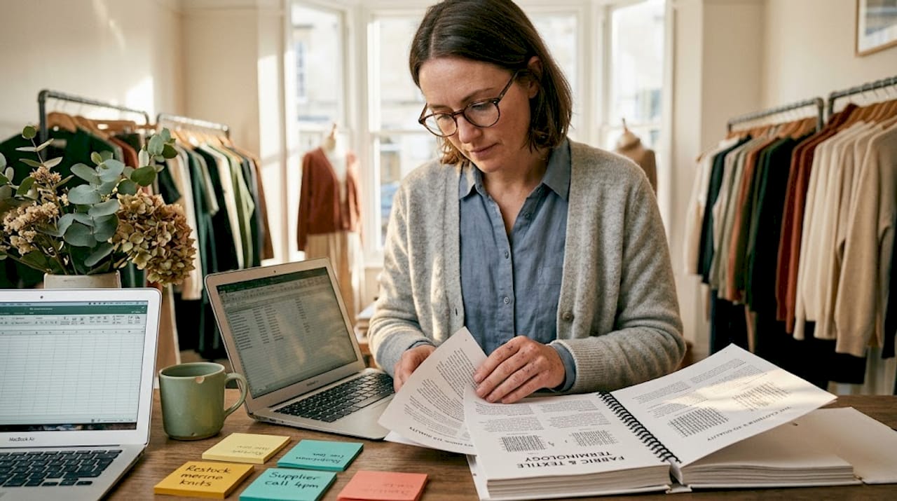 Retail manager reviewing technology glossary at shop counter