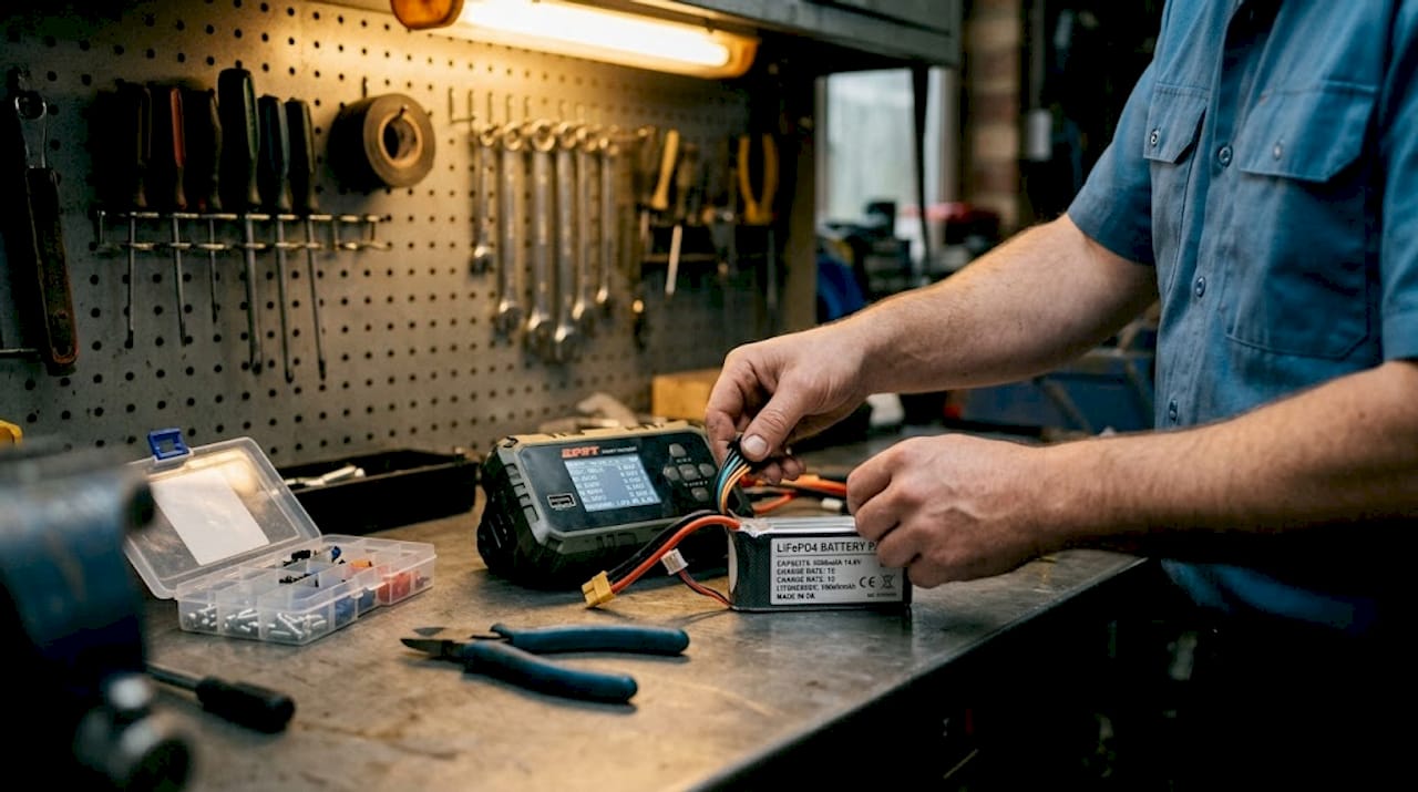Hands connecting lithium charger to battery