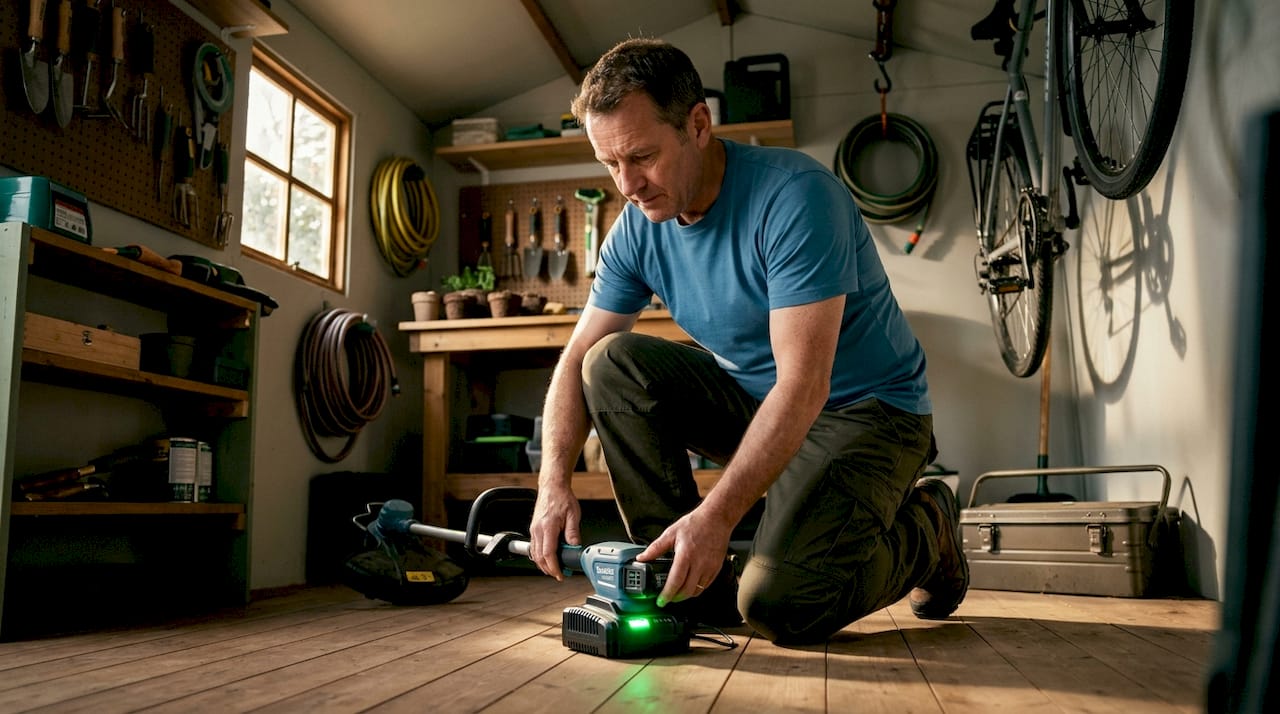 Man charging lithium battery in suburban garage
