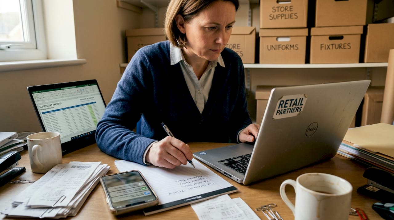 Manager checking mobile payment settlement report