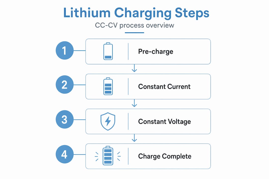 Infographic shows lithium battery charging stages in CC-CV process