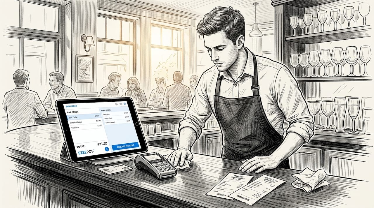 Bartender with tablet POS and card reader