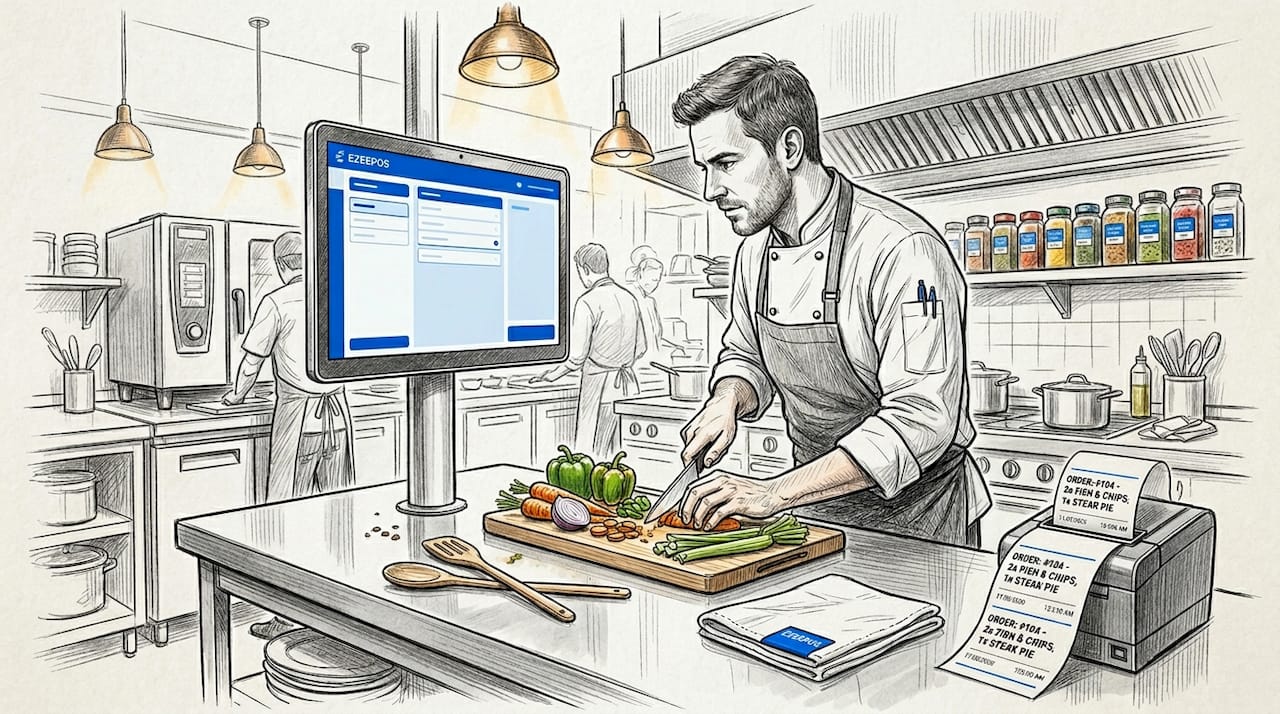 Chef referencing kitchen POS screen while prepping