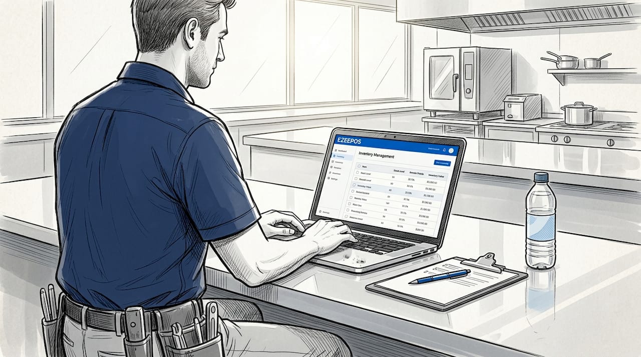 Restaurant manager reviewing inventory remotely