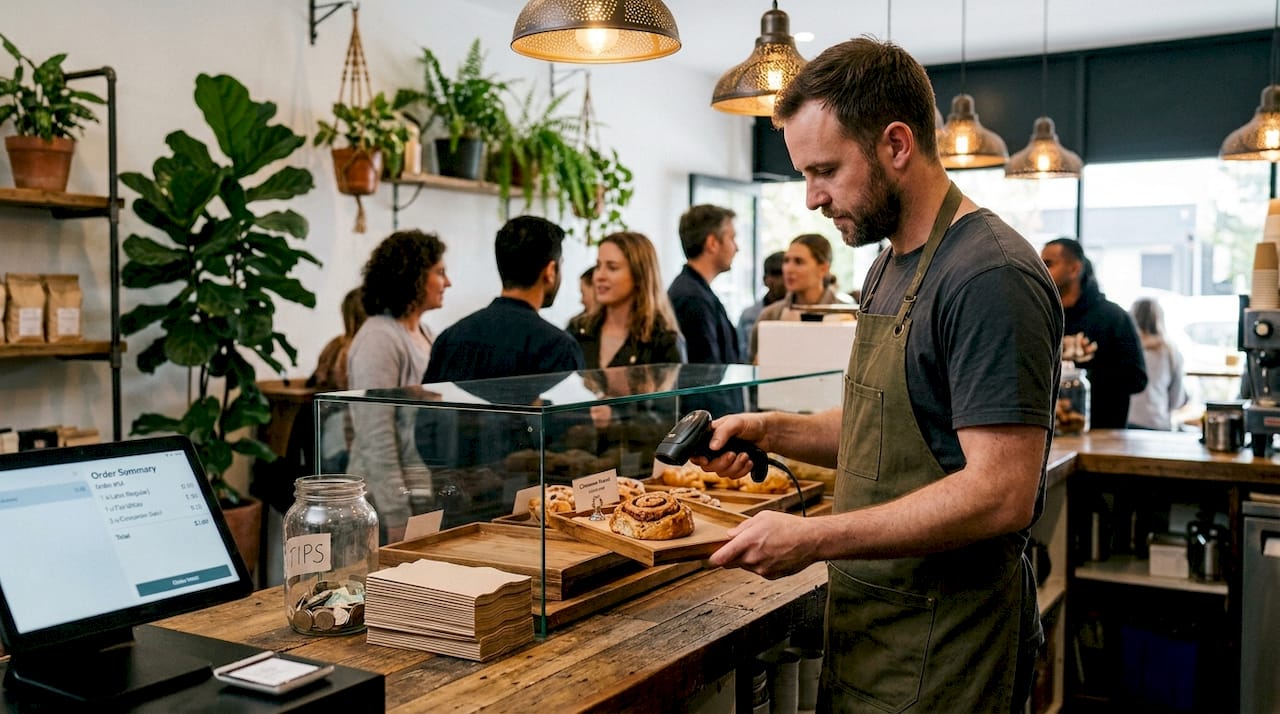 Barista uses barcode scanner at coffee shop counter