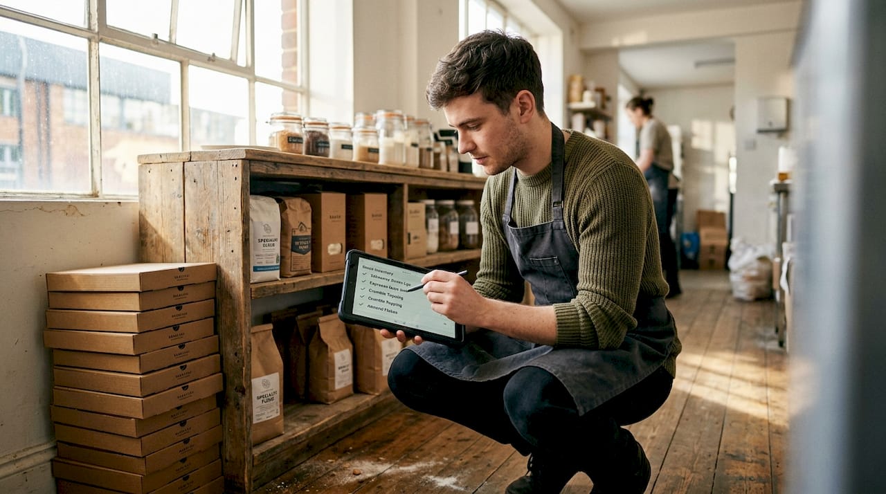 Barista doing inventory with POS tablet