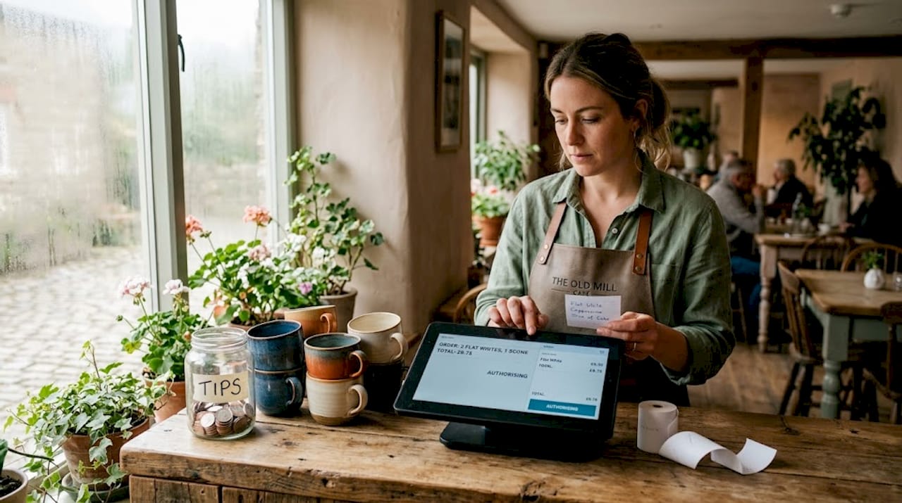 Café manager using POS system at counter