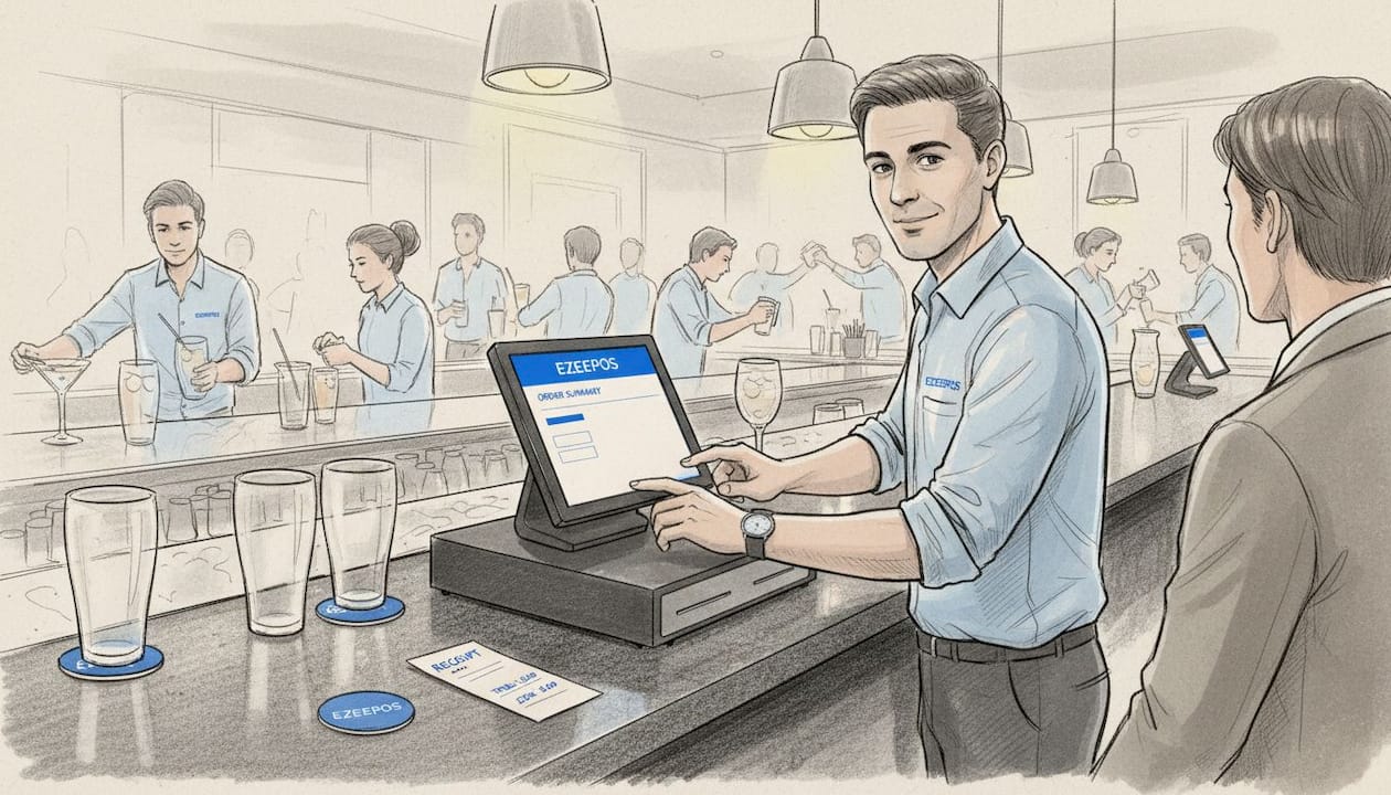 Bartender processes payment at POS terminal