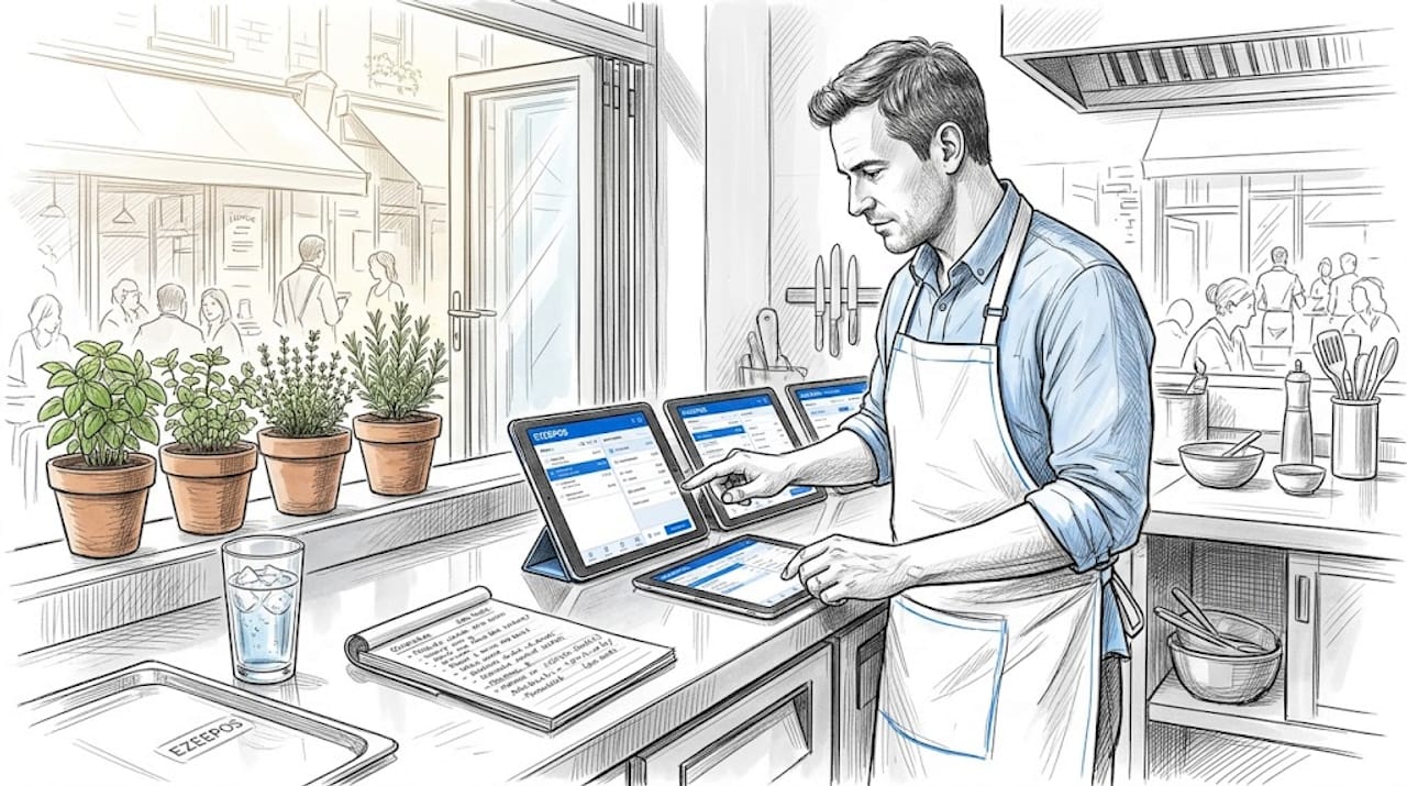 Kitchen staff handling multiple tablets