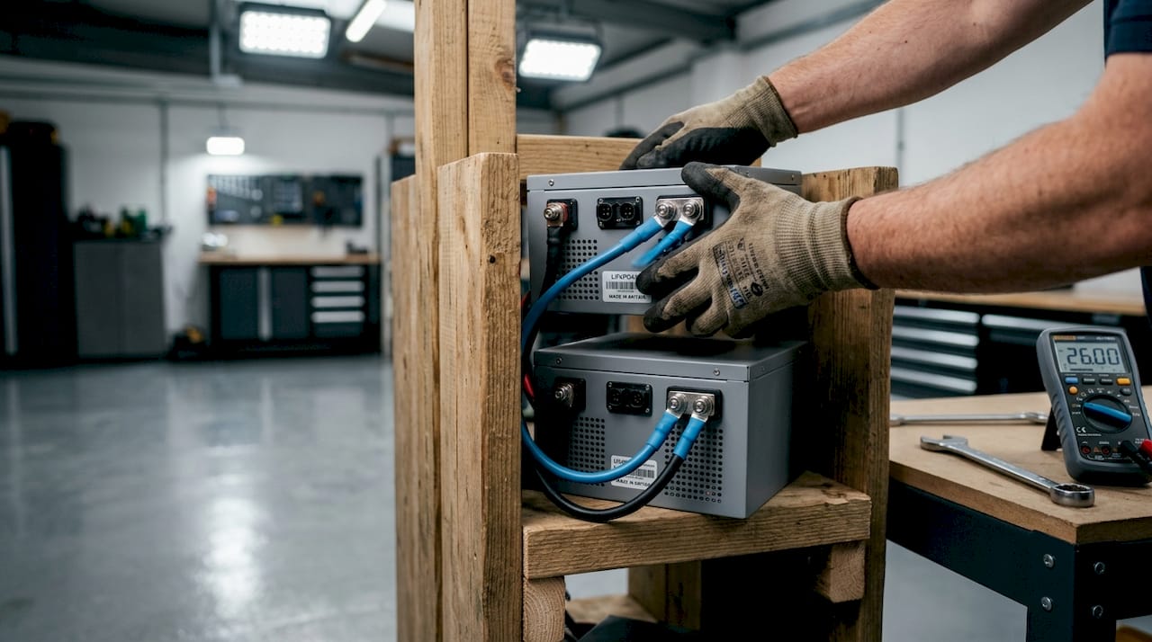 Hands stacking LiFePO4 battery modules