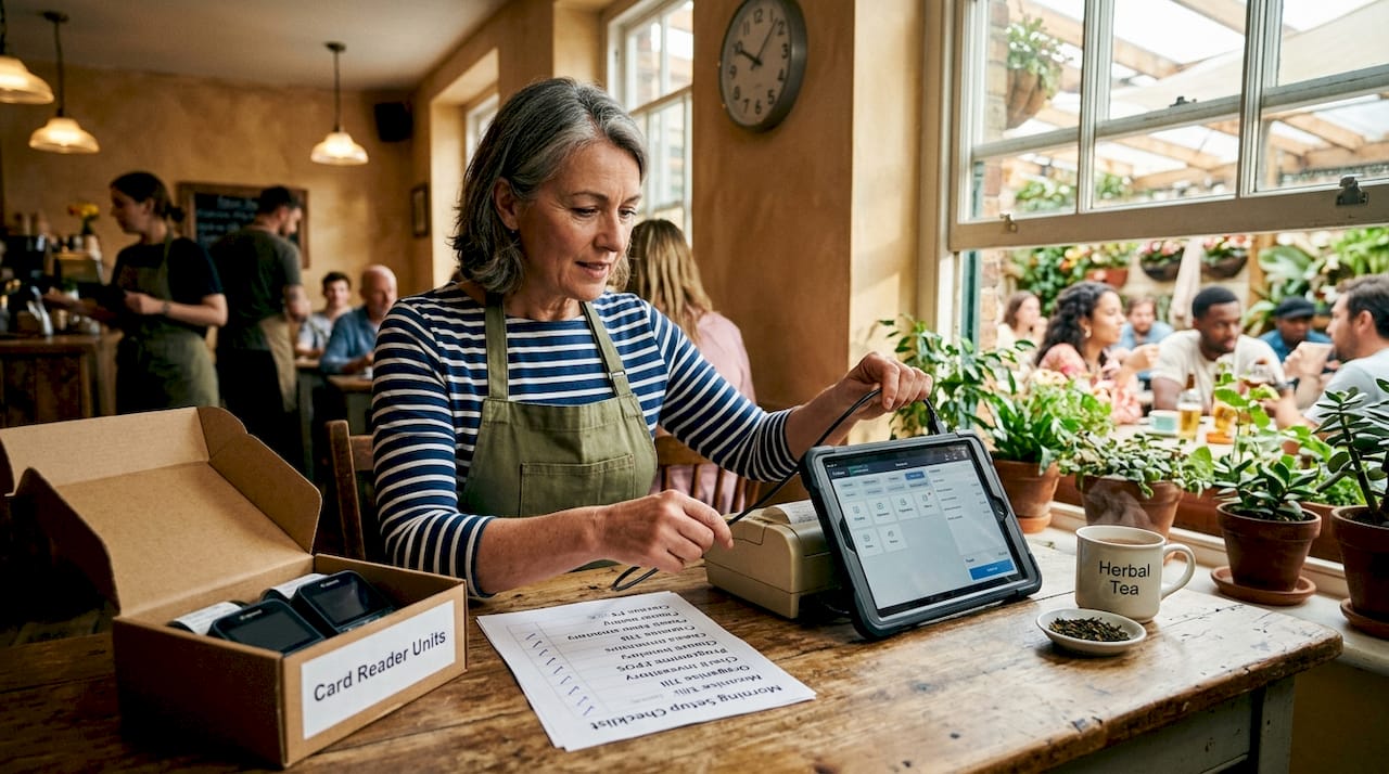 Restaurant owner preparing payment system at table