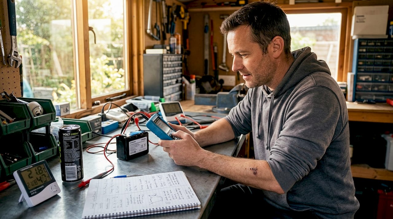 Technician testing lithium battery capacity at garage workbench