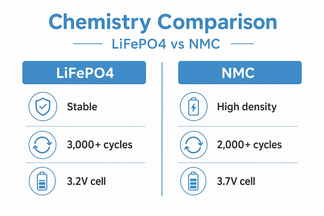Infographic comparing LiFePO4 and NMC battery chemistry