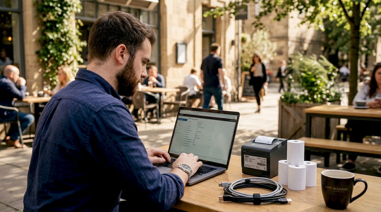Technician configures POS printer at workstation