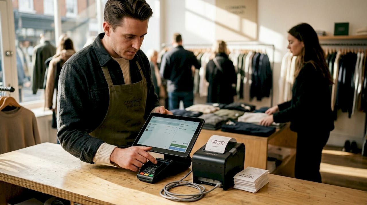 Retail employee prints receipt at busy POS