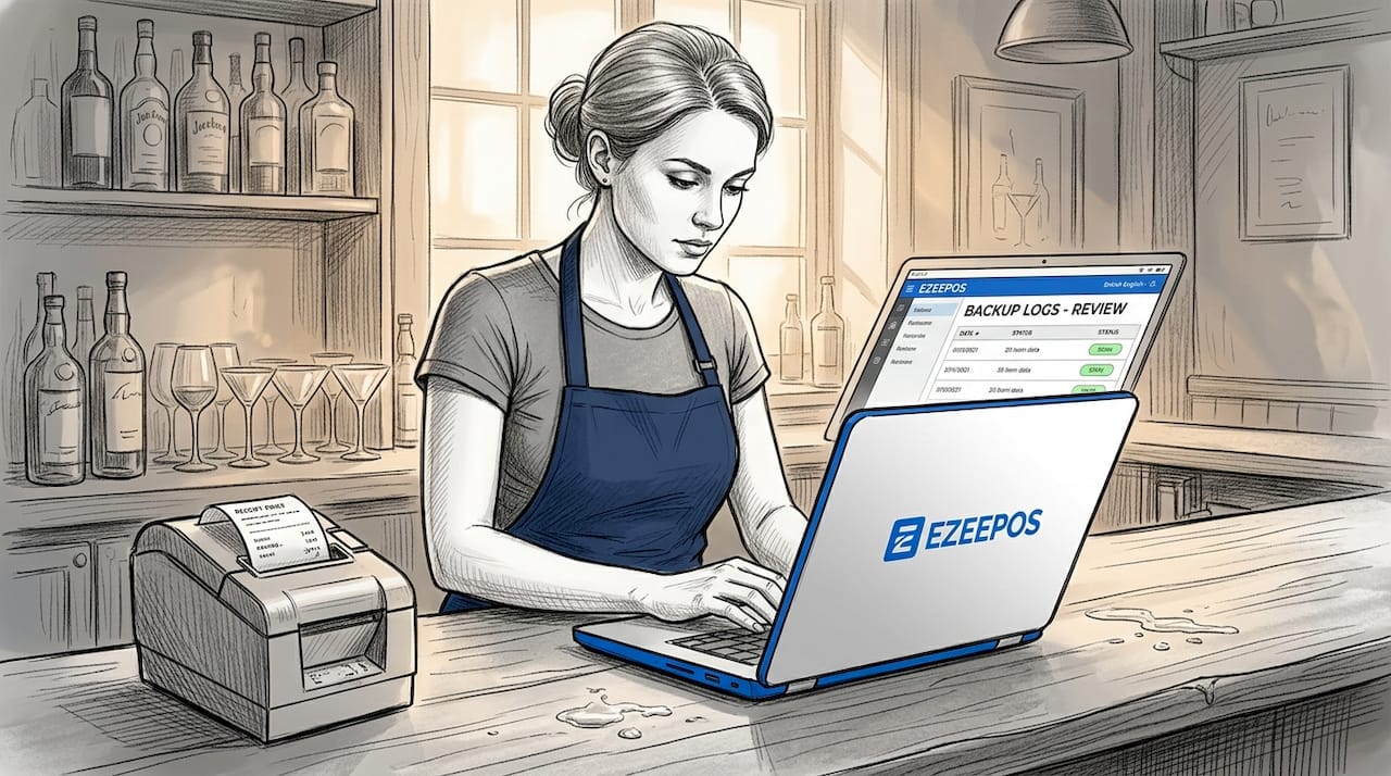 Bartender reviewing backup logs behind bar