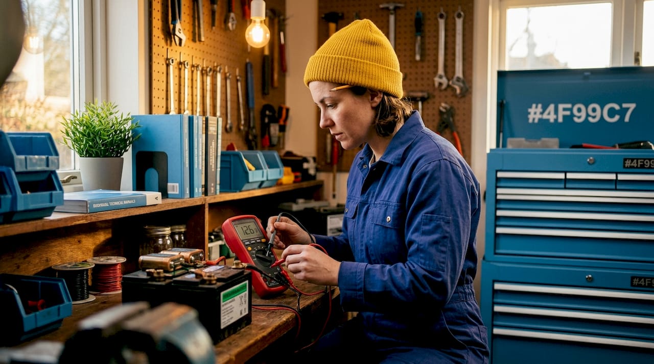 Technician inspecting battery discharge levels
