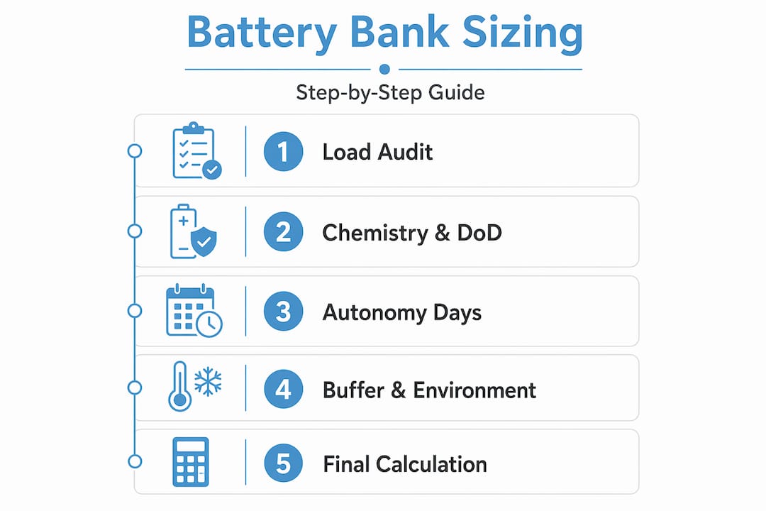 Infographic visualizing battery bank sizing steps
